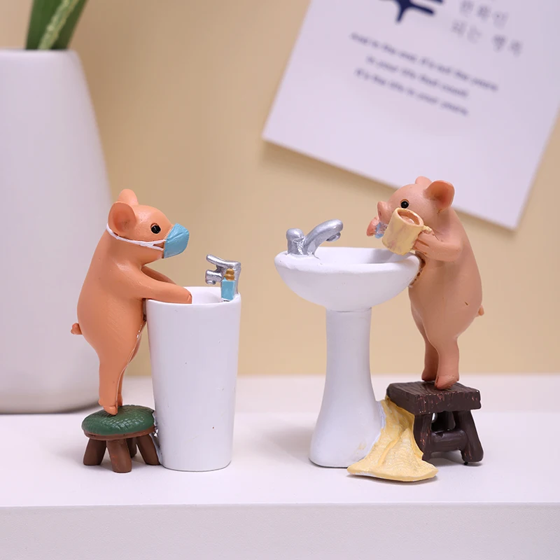 Kawaii Pig On Toilet Animaml Figurine Cute Piggy Ornament Resin Home Desktop Rest Room Decoration Gift For Children