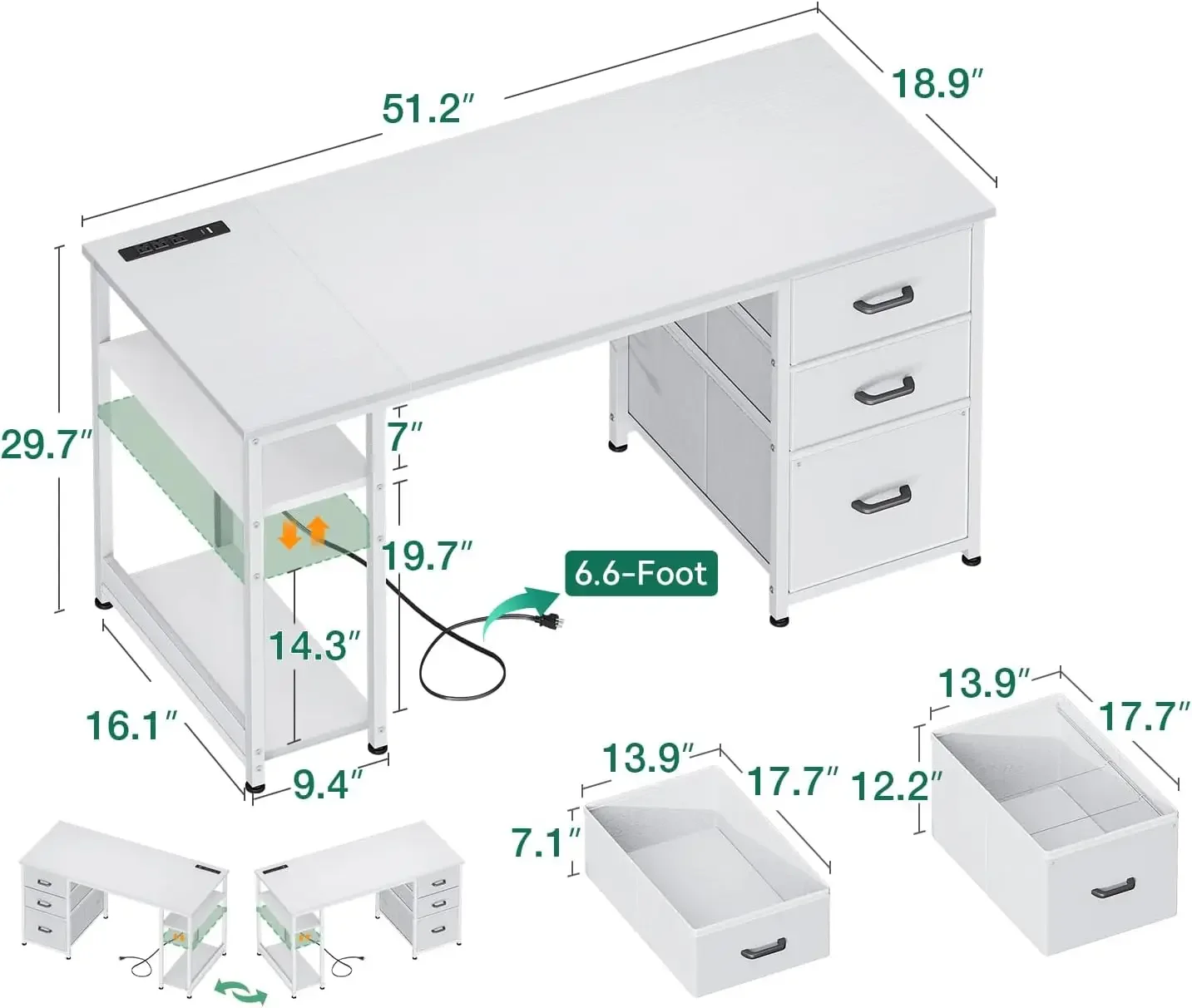 New2025-51 Inch Computer Desk with File Drawers & USB Power Outlets- Reversible Home Office Desk with Storage Shelves