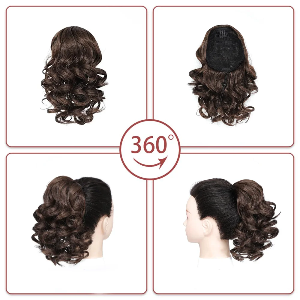 Synthetic short wave curly drawstring ponytail hair extensions suitable for daily use parties and gatherings for women