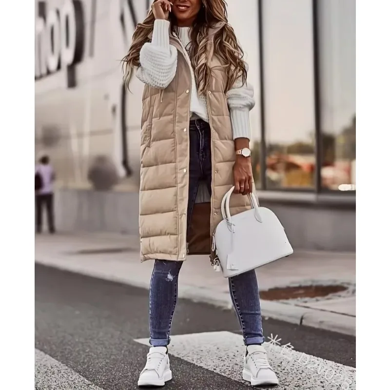 Chic Hooded Zipper Jacket Autumn Winter Women Long Oversize Waistcoat Sleeveless Fashion Warm Quilted Vest Down Coat