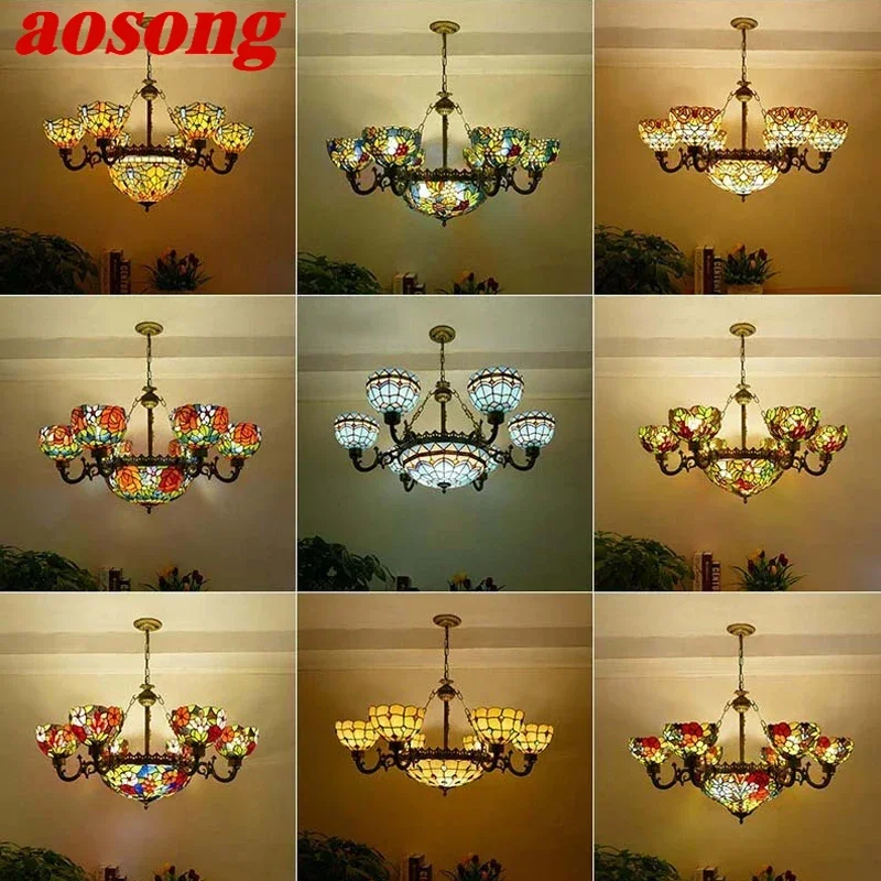 

AOSONG Tiffany European Living Room PendantLamp Vintage Creative Color Glass restaurant Bedroom Hotel Chandelier