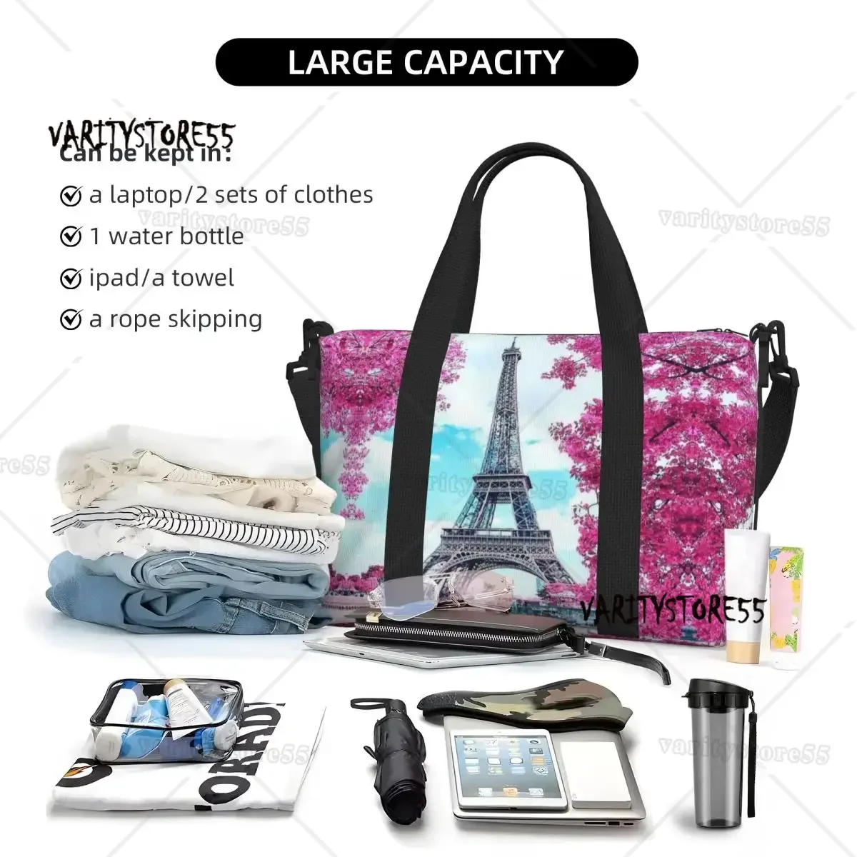 Eiffel Tower Paris Floral Tote Bag for Women Large Capacity Romantic Landscape Beach Gym Travel Bags