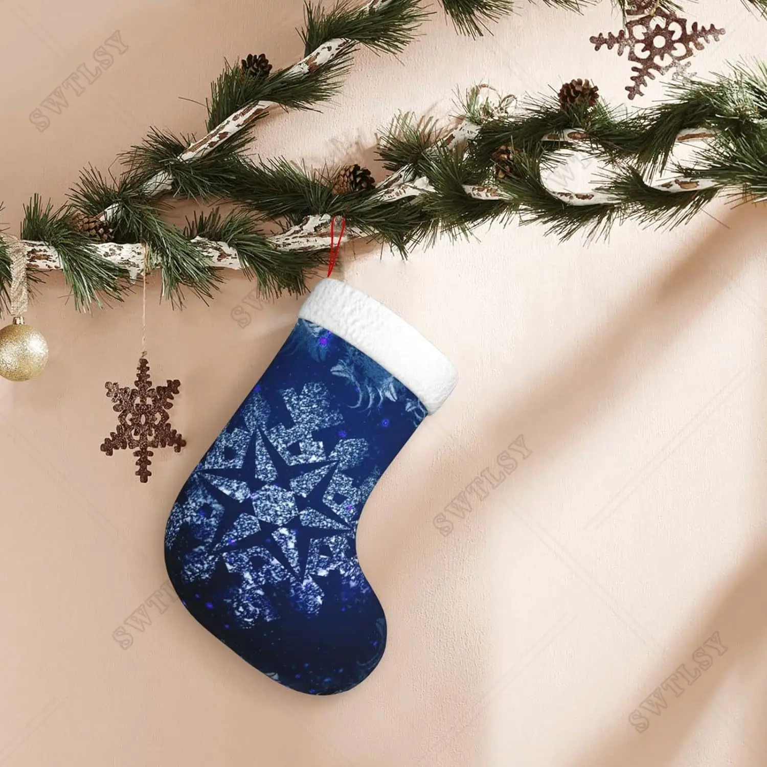 Christmas Stocking Classic Large Stockings Huge Snowflakes in a Blue Starry Sky 18in Christmas Stocking for Family Holiday
