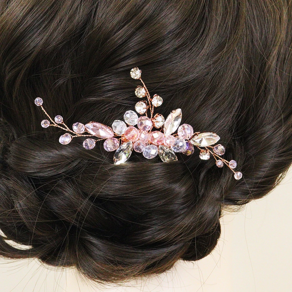 Rose Gold Crystal Hair Comb Elegant Flower Hair Jewelry Female Festival Headpieces Women Wedding Accessories for Bride
