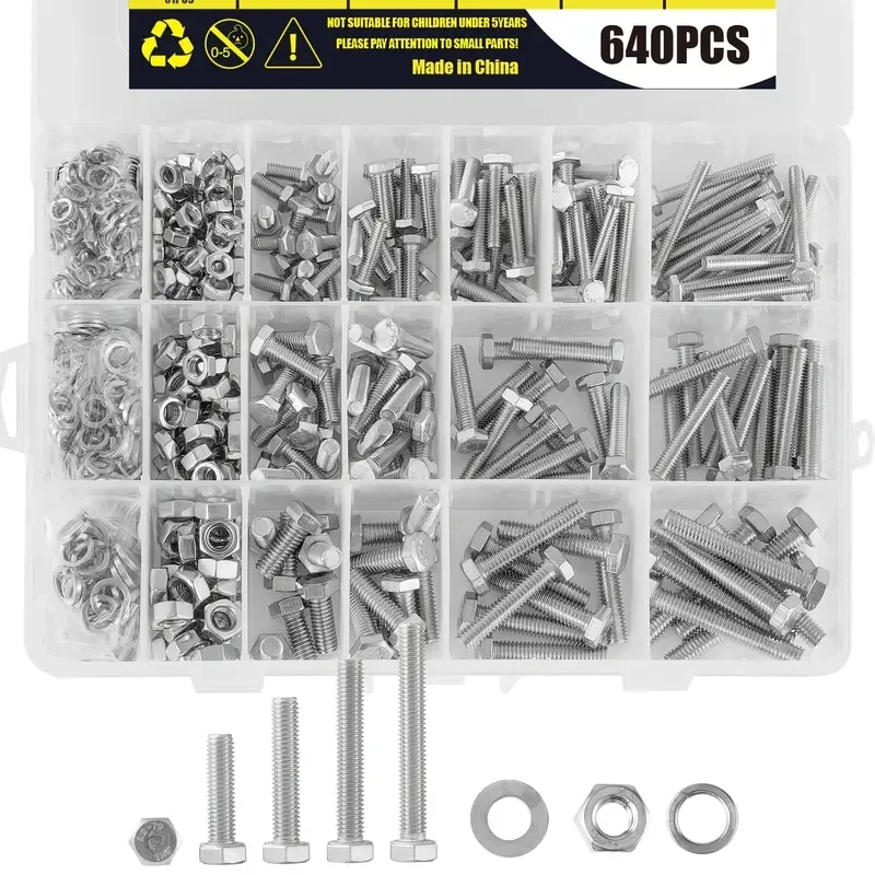 640-piece M4 M5 M6 Heavy Duty bolt and nut set, metric 304 stainless steel screw set with flat washer and spring washer for home