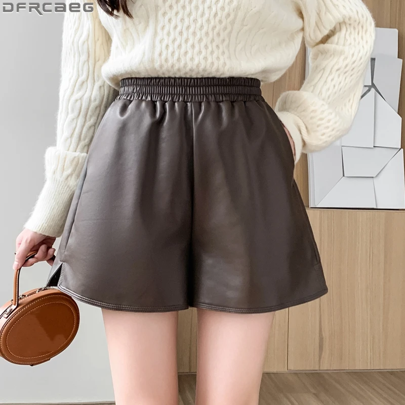 New 2022 Autumn Winter Leather Shorts Women Streetwear A-Line Loose Wide Leg Boots Shorts Elastic High Waist Short Femme Pants