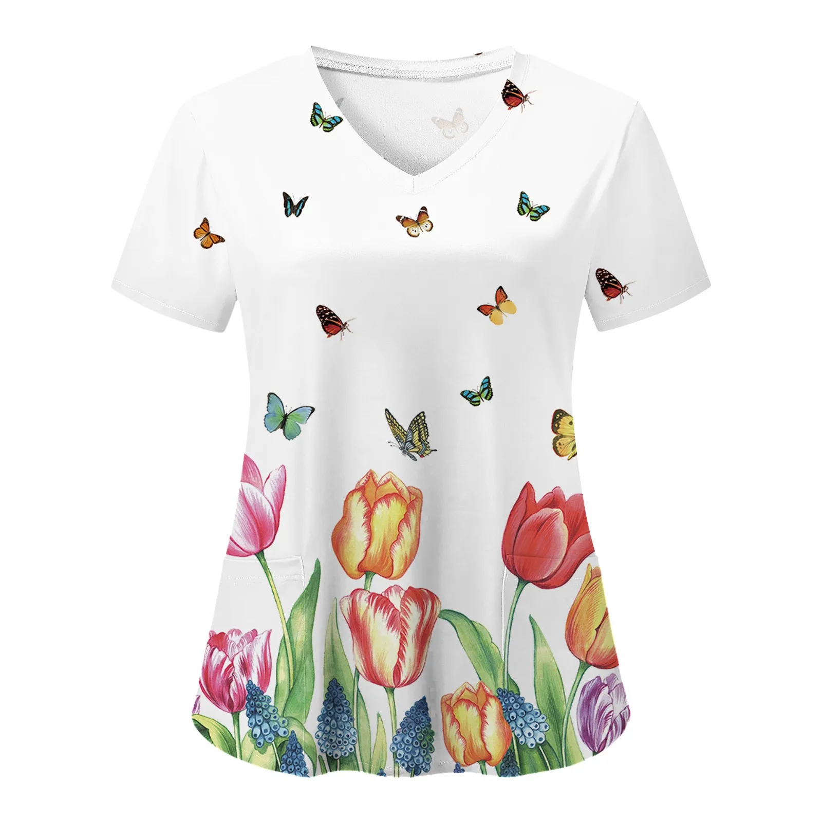 

Carer Top Nurse Uniforms Womens Short Sleeve V Neck Floral Print Nursed Working Blouse Pockets Working Uniform Cartoon Workwear