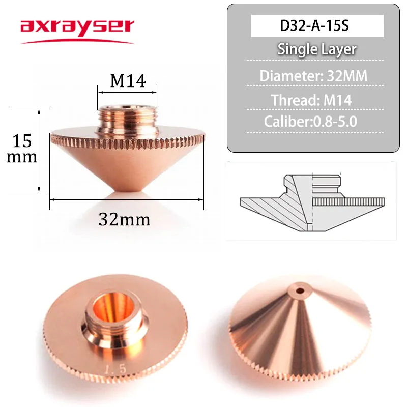 Raytools Laser Nozzles Single Double Layer Dia.32mm M14 Caliber 0.8-4.5mm for Fiber Laser Cutting Machine BT240 BM114 BM110 etc.