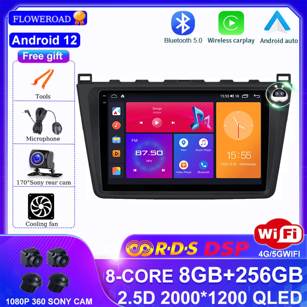 

Android 12 Carplay Auto Car radio For Mazda 6 GH 2007 - 2012 multimedia player GPS Navigation autoradio 8core DSP RDS CARPLAY BT