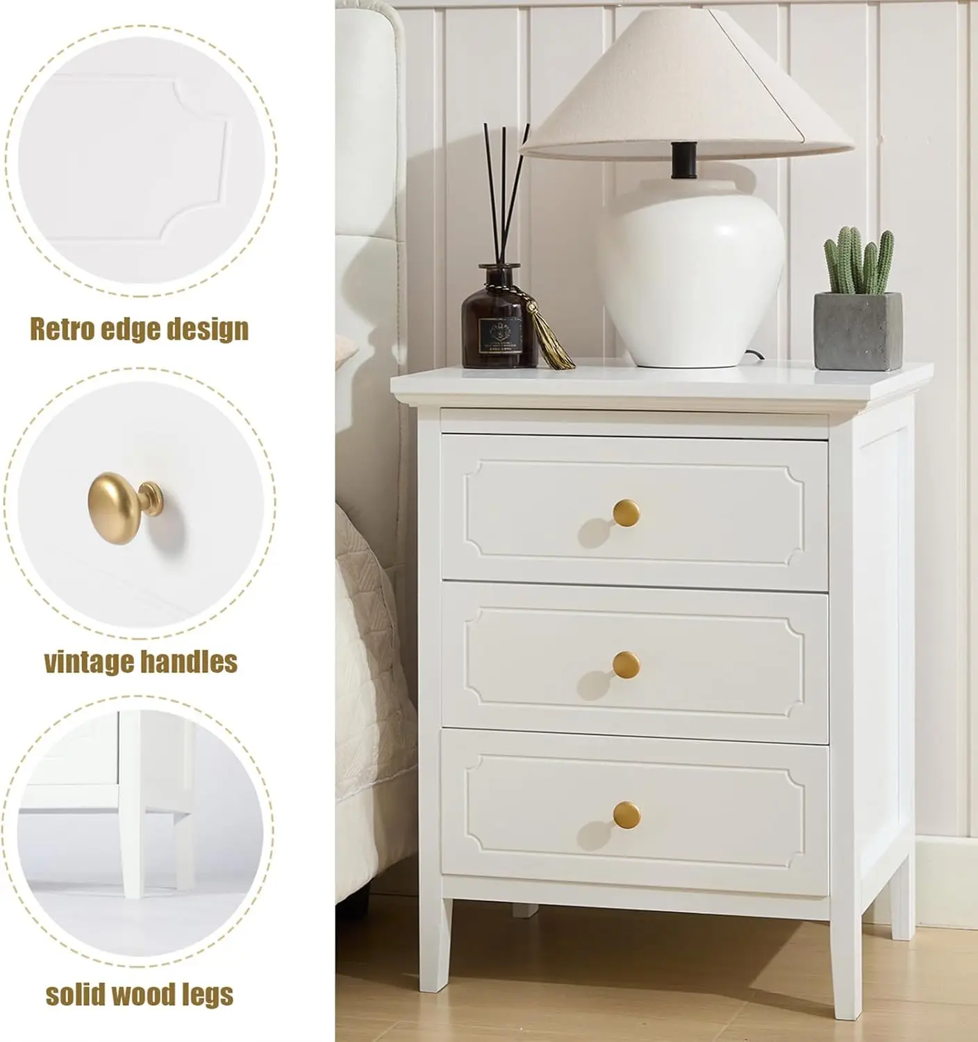 3 Drawer Nightstand White Side Table 19" Bedroom Night Stands End Table for Living Room Bedroom with Storage 1 Set