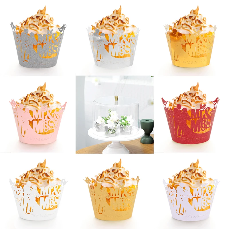

10/20pcs Wedding Cupcake Paper Edge Mr & Mrs Hollow Cake Wrap Liners Decoration Baking Wedding Party Supplies Cupcake Cups