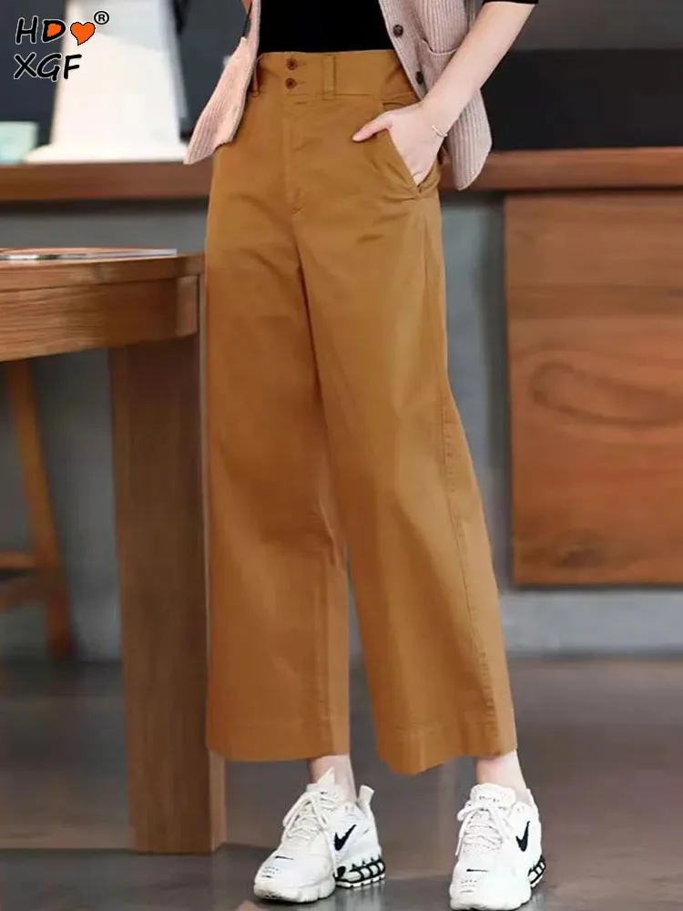 

Spring Summer Cotton Plus Size Wide Leg Pants For Women Vintage Buttons Elastic High Waist Straight Trousers Hallen Casual Pants