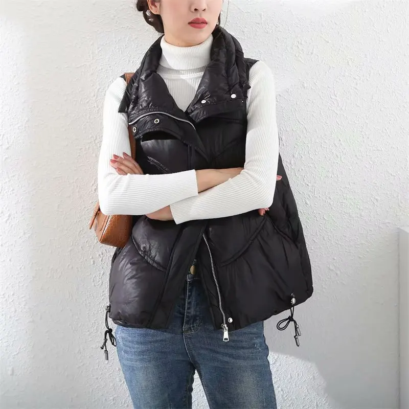 2021 Women Autumn Winter Vest Coat Black Stand Collar 90% White Duck Down Female Tops Vest Chaleco Mujer Gilet Casaco Feminino