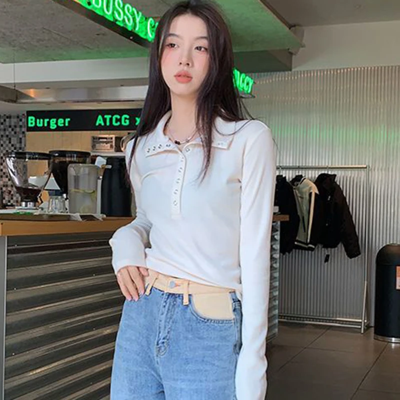 Fall Winter Long Sleeve Knit Pullovers Woman Y2K High Street Button Up Sweaters for Women Vintage Gray Ribbed Bottoming Tops 5