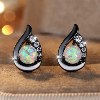 White Fire Opal Round Stone Stud Earrings For Women Vintage Black Rose Gold Silver Color Angel Wings Earring Engagement Jewelry