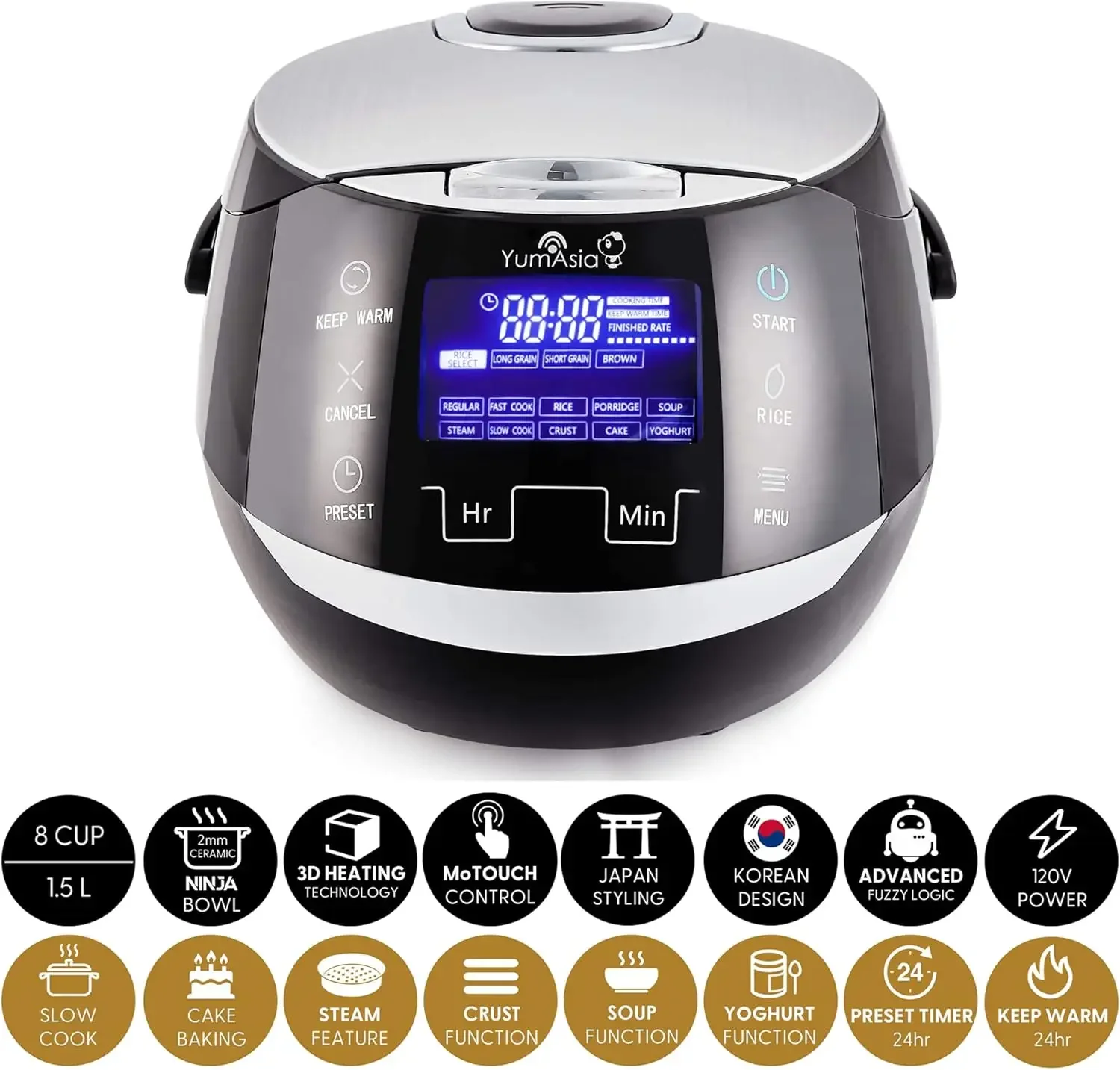 Yum Asia Rice Cooker with Ceramic Bowl and Advanced Fuzzy Logic (8 Cup, 1.5 Litre) 6 Rice Cook Functions, 6 Multicook Fun 2