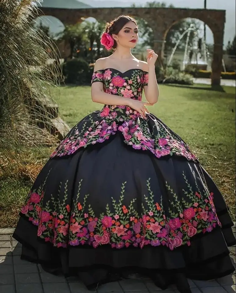 

Вышитые цветочные платья Quinceanera Charro мексиканский корсет на шнуровке с открытыми плечами для выпускного вечера милое платье 15