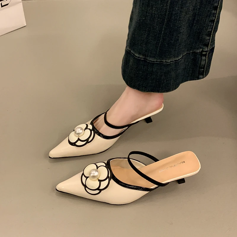 2025 Flower Pointed Toe High Heels Women Luxury Designer Sandals Female Summer Elegant Fashion Pumps Flower Mule Slippers Women 3