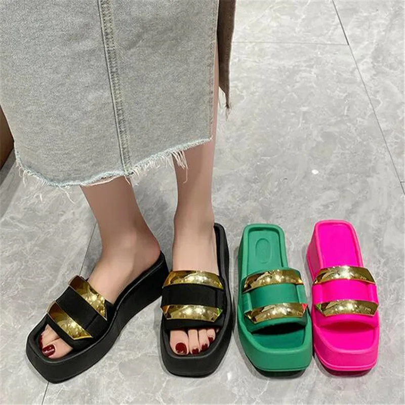 

New Chunky Heeled Slippers Big Size 43 Summer Black White High Heel Leisure Trendy Platform Wedges Sandals Shoes For Women 2023