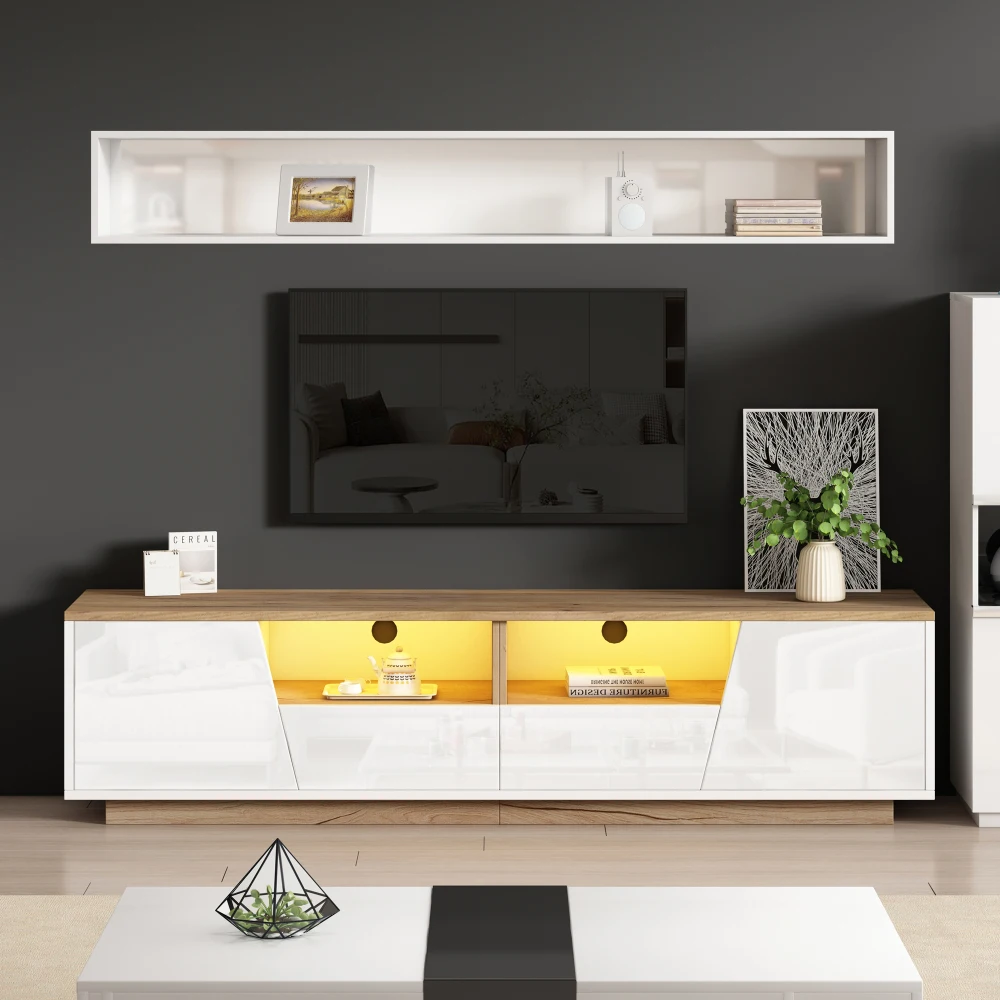 180 x 40 x 46 cm großer TV-Schrank mit 2 Schubladen und LED, Hochglanz-Lowboard und TV-Tisch, geeignet für 75-Zoll-Fernseher, Weiß + Holzfarbspleiß – Detail 9