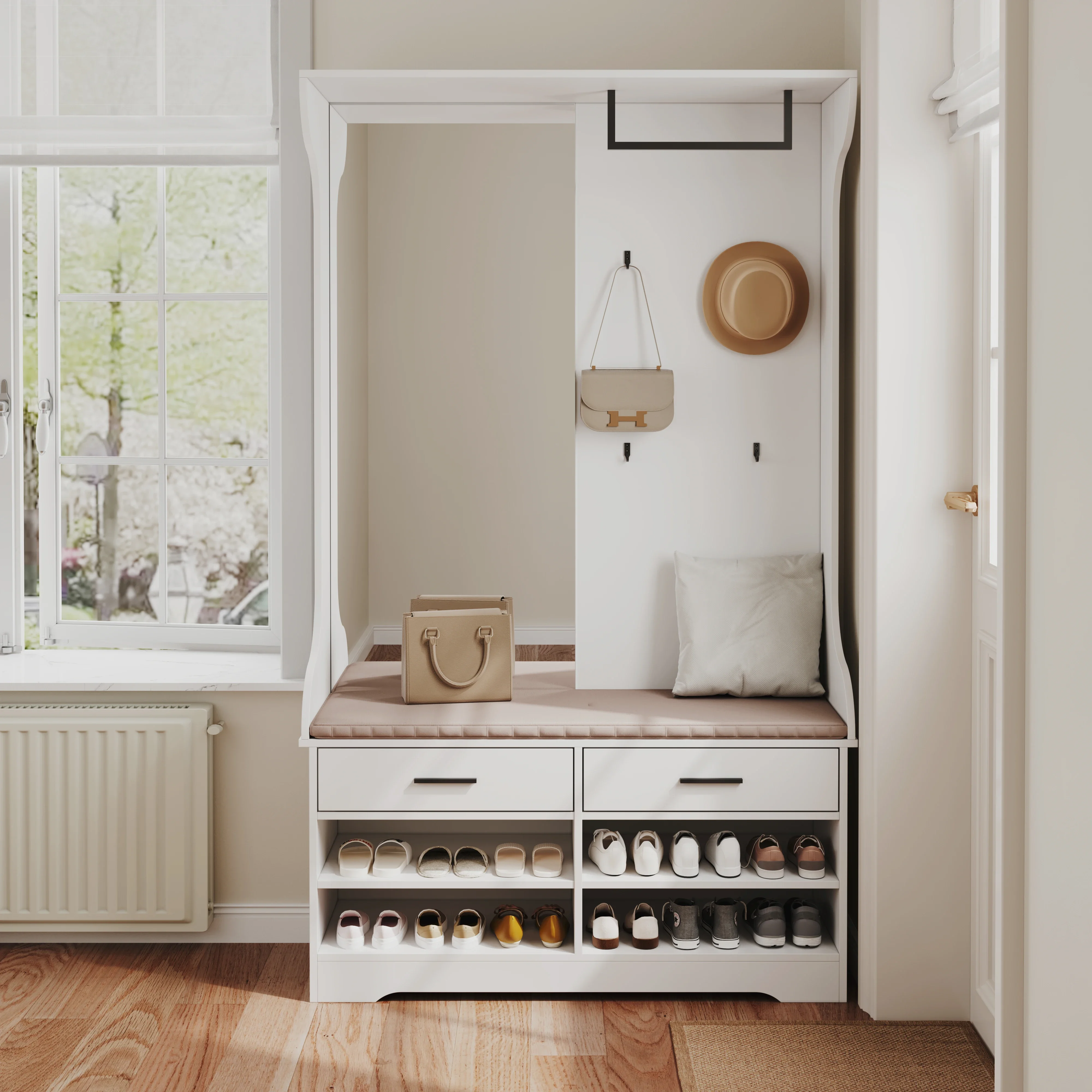 Comanlai 6-in-1 offener Garderobenständer-Set, Garderobenständer für den Flur mit Spiegel, Schuhregal, Wandgarderobe mit Regal, Schlafzimmer-Garderobenset – Detail 7