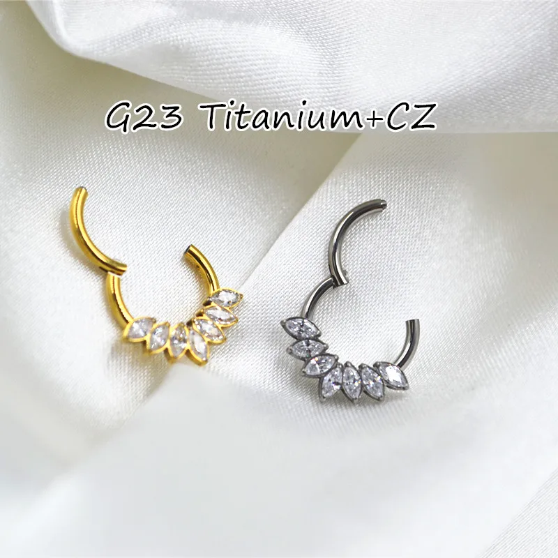 

10pcs G23 F136 Titanium 7 CZ Gems Nose Hoop Septum Clicker Ring Earring Ear Tragus Helix Diath Cartilage 16Gx8mm Body Piercing