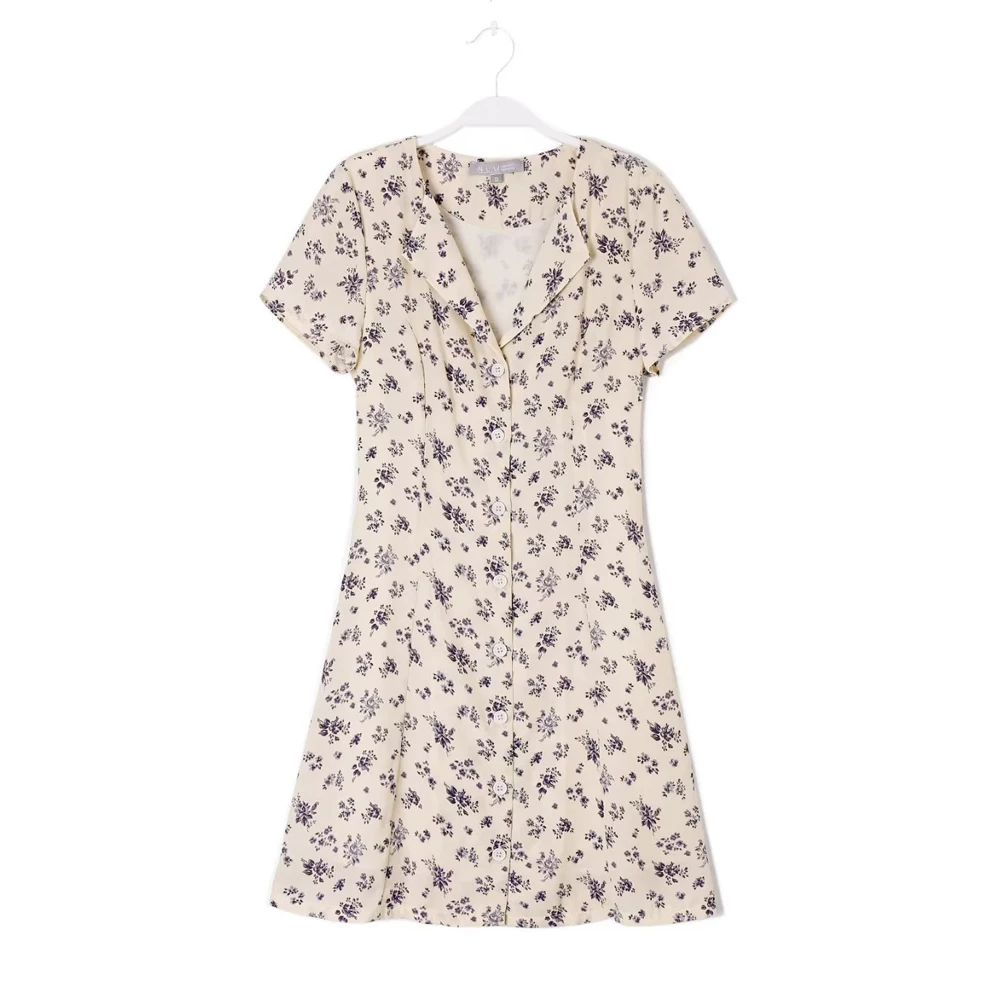 

New Women Retro Beige Flower Print Lapel V Neck Short Sleeve Dress Center Button Belt Back Sashes Mini Robe Holiday 2023