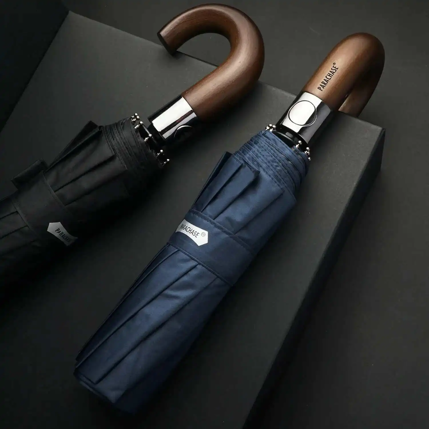 PARACHASE 10-rib wooden curved handl automatic folding umbrella rain wind resistant
