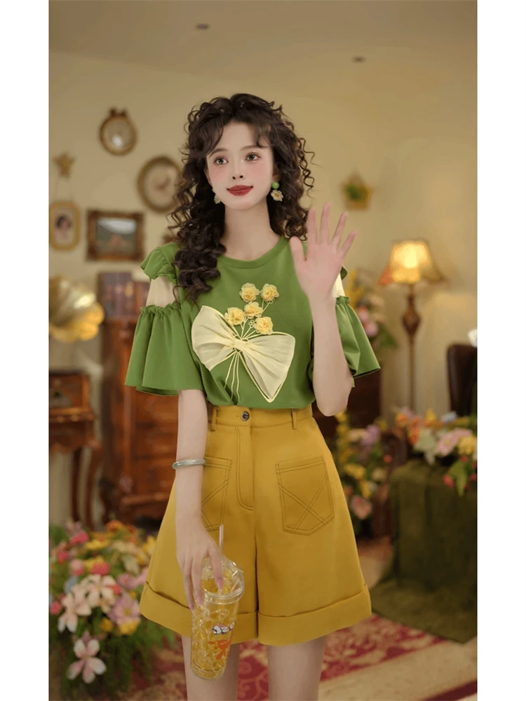 Hong Kong Sle oulder Bared Tee Dimensional Flower Women's Set Loose orts Summer Faion Two Piece Suit round Ne o...