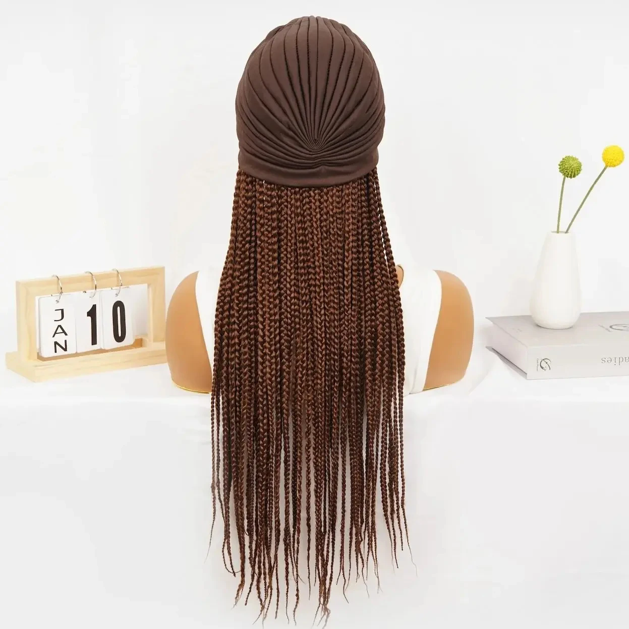 Braid Wig Headband Braided Headband Wigs for Black Women Synthetic Wigs With Turban Hat Box Braiding Hair Brown Knotless