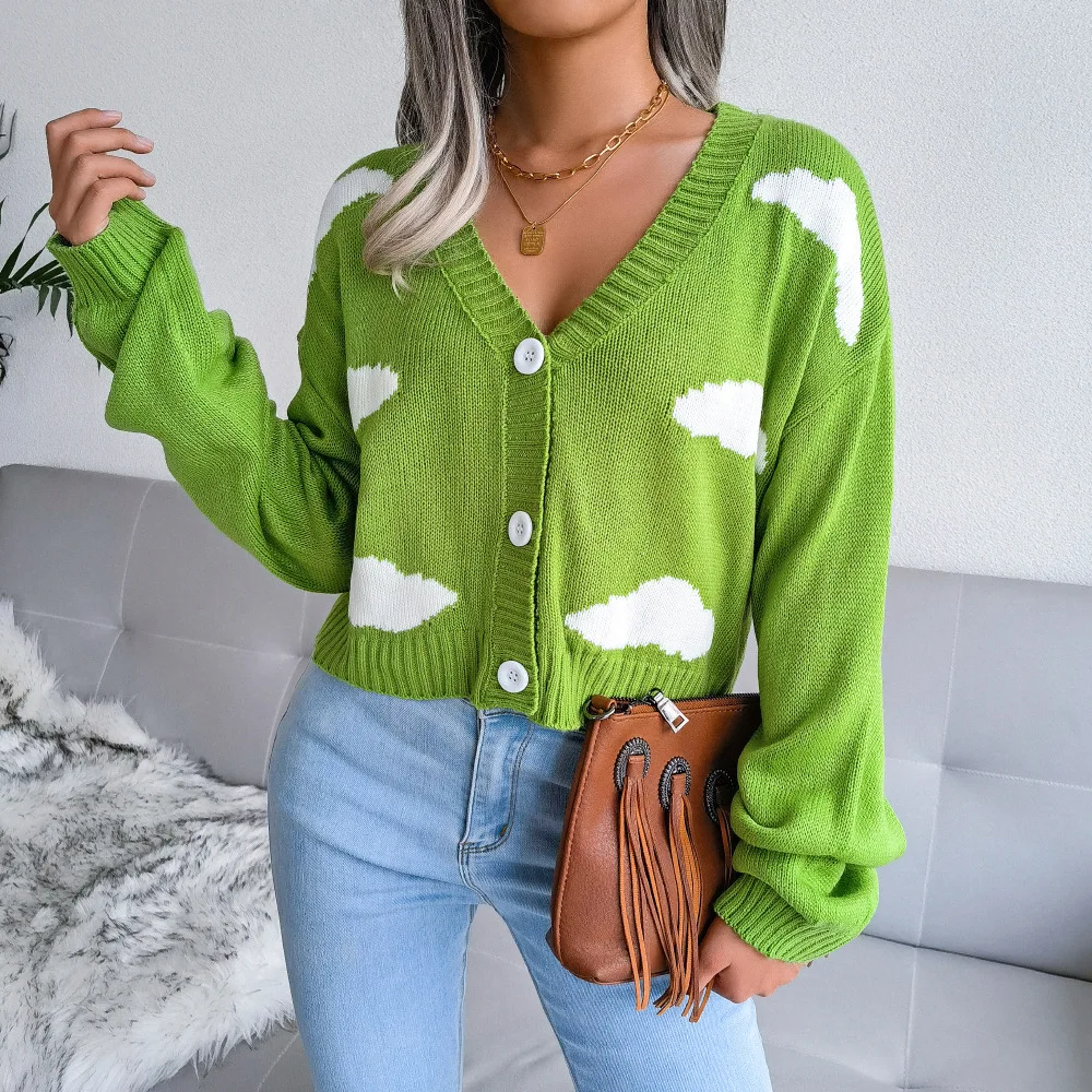 White Cloud Knitted V Neck Long Sleeve Sweater for Women