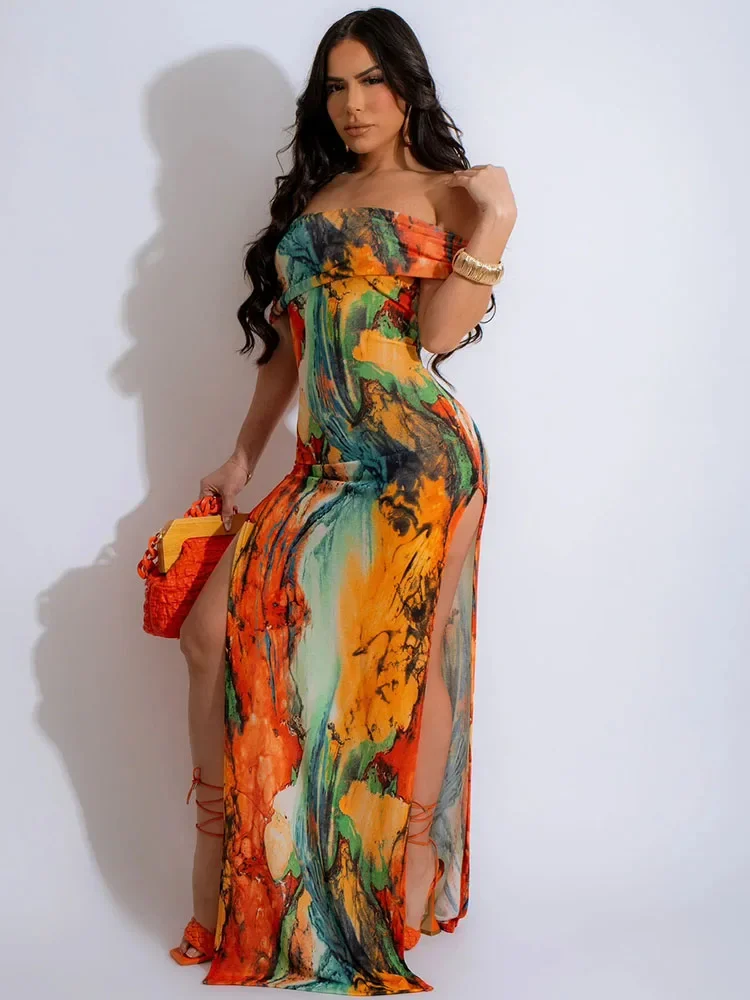 

Tie Dye Print Party Long Dresses for Women Elegant Slash Neck Off the Shoulder High Split Slim Fit Bodycon Maxi Dress Clubwear