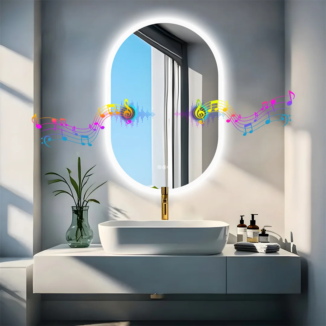 LUVODI Modern Oval LED Bathroom Mirror Dimmable Bluetooth Speaker Backlit Vanity Makeup Mirror for Home Bathroom