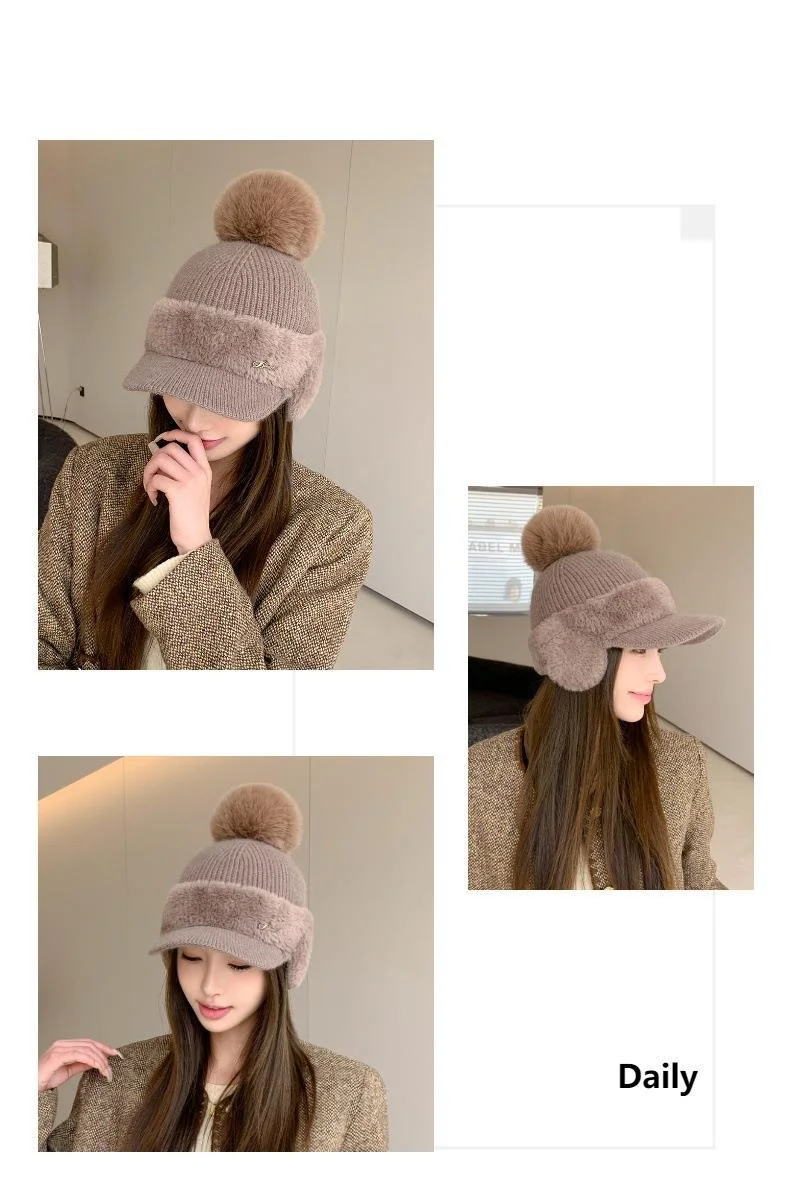 Nuovo berretto da baseball invernale in pelliccia di visone con protezione per le orecchie in pelliccia di coniglio per le donne, moda coreana, tinta unita, semplice cappello lavorato a maglia con palline di lana_voghion.com
