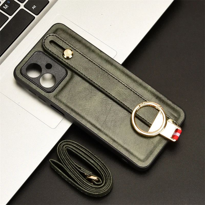 모토로라 모토 G54 5G 휴대폰 케이스, 럭셔리 가죽 커버, 손목 밴드 핸드 스트랩, 킥 스탠드 금속 링 케이스