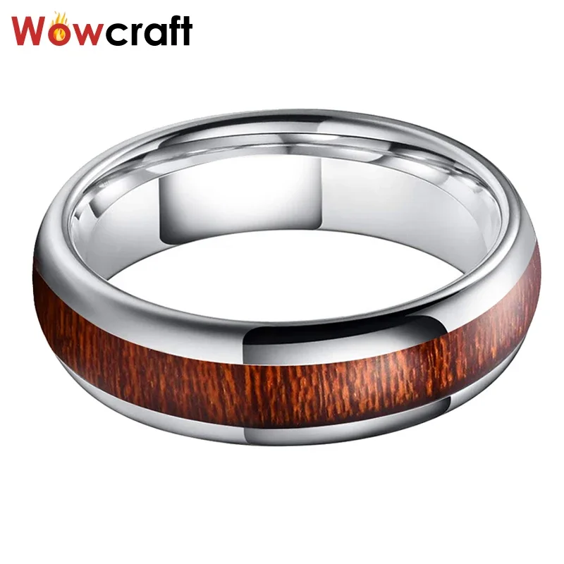 6mm Wood Inlay Tungsten Carbide Rings for Women Dome Band Polish Shiny Comfort Fit Vintage Wedding Bands