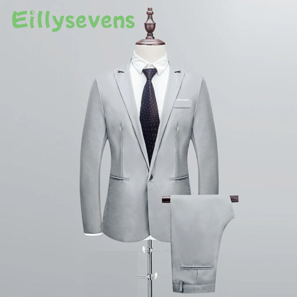 New design Men's Suits Slim Button Suit Pure Color Dress Host Show Jacket Coat & Pant Formal Blazer Suit Plus Size Homme