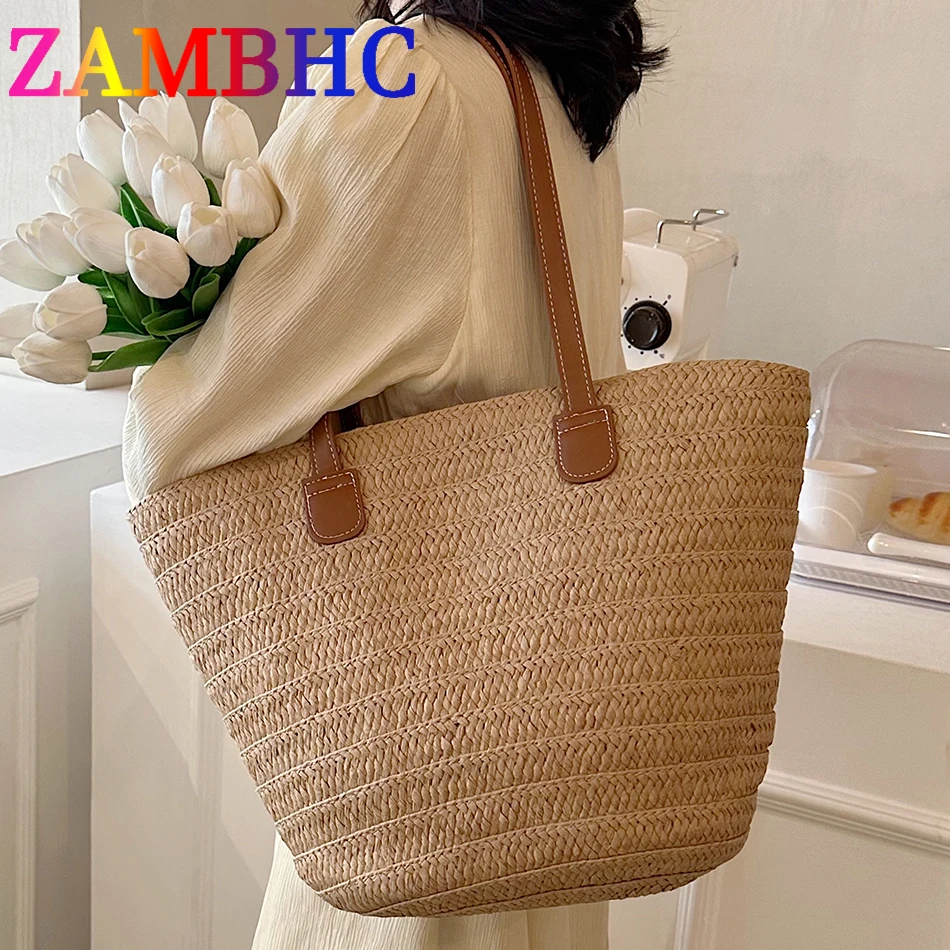 

2023 Summer Casual Tote Big Shoulder Bags for Women Handmade Straw Woven Handbags and Purses Beach Resort Female Shopper Bag New