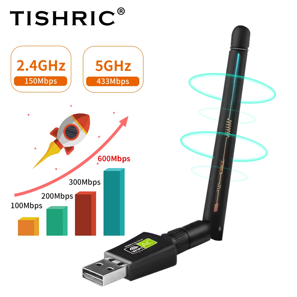 TISHRIC 무선 네트워크 카드, 듀얼 밴드 USB 와이파이 어댑터, 무료 드라이버 와이파이 안테나, 윈도우 비스타, XP, Win7, 8/10, 2.4Ghz, 5Ghz