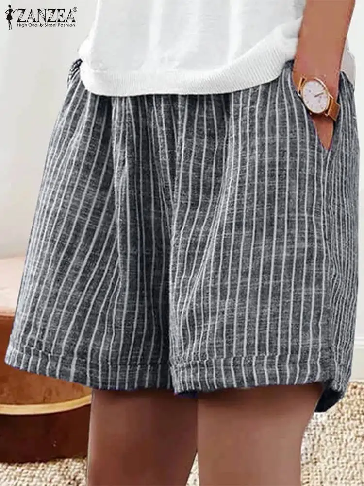 

ZANZEA 2023 Summer Beach Shorts Fashion Stripe Women's Shorts Elastic Waist Vintage Loose Pantalon Wide Leg Pants Short Trousers