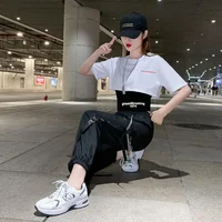 2024 Summer Women's Two Pieces Set Casual Korean Lady Loose Short White T-Shirt and Black Cargo Pants Outfits Tops Pants Suit - Image 3