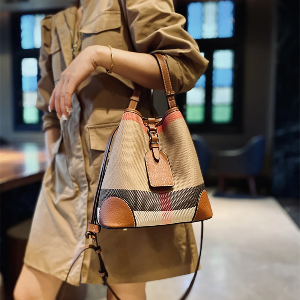 Luxury Plaid Canvas Leather Women‘S Bag Fashion Large Capacity Business  Lady Bucket Shoulder Bag Female Drawstring Handbag