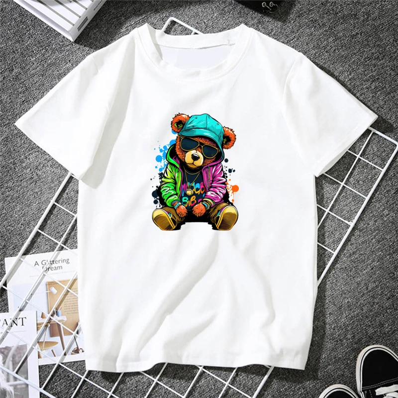 Cute Teddy Bear Print Shirt Short Sleeve O Neck Loose Tshirt
