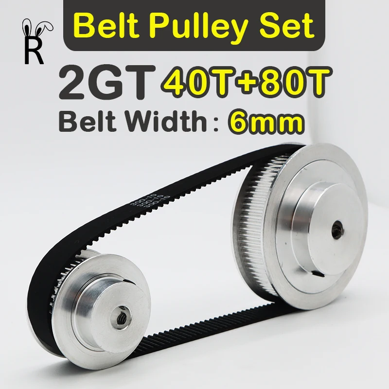 2:1 Reduction 40T 80T GT2 Synchronous Wheel Set 3D Printer Pulley Kit 80Teeth 40Teeth Belt Width 6mm Timing Pulley Belt Set 2GT