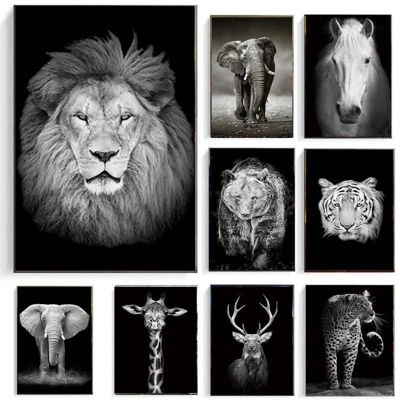 

Abstract Black and White Animals Canvas Paintings Lion Elephant Zebra Prints and Posters Wall Art Pictures for Living Room Decor
