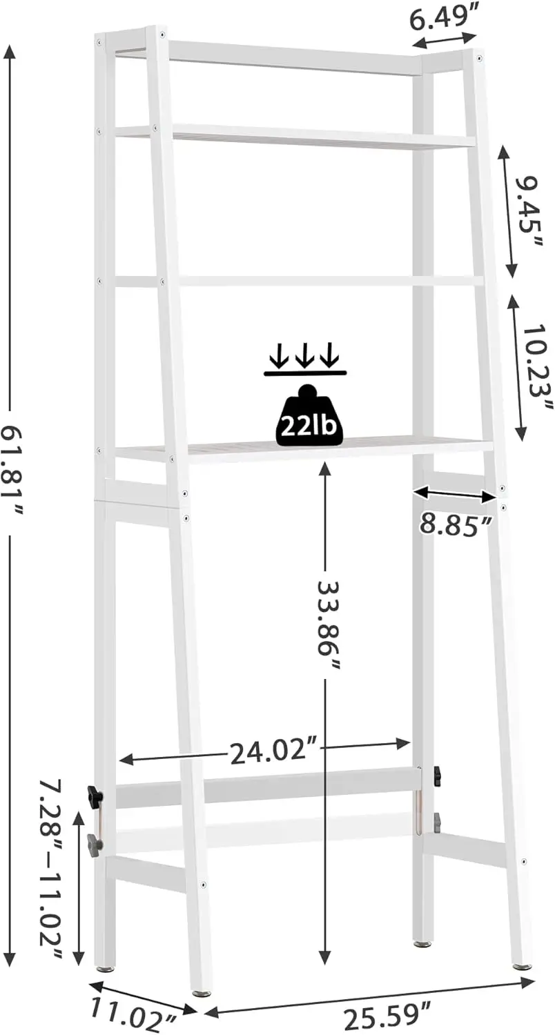 Over-The-Toilet Storage, 3-Tier Wooden Rack. Space Saver Organizer, Freestanding. With Toilet Paper Holder & Hooks. White.