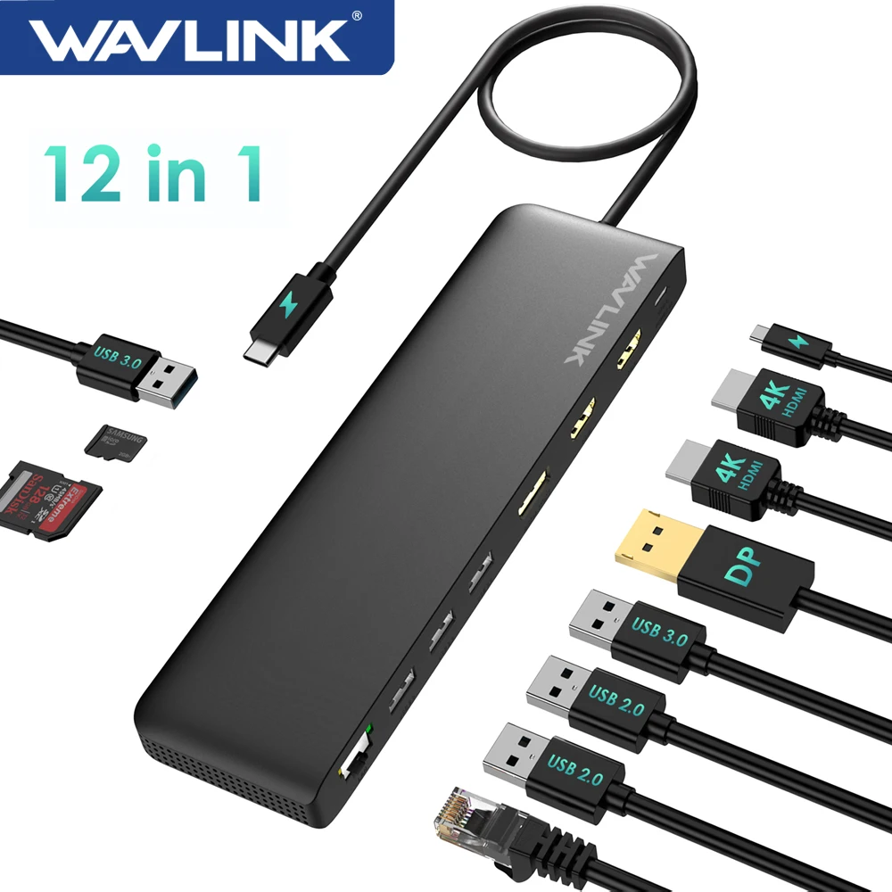 Wavlink-estação de Ancoragem com Ecrã Triplo Usb c Hdmi Displayport Carregamento 85w Ethernet Gigabit Windows Mac 4k 60hz 12 em 1