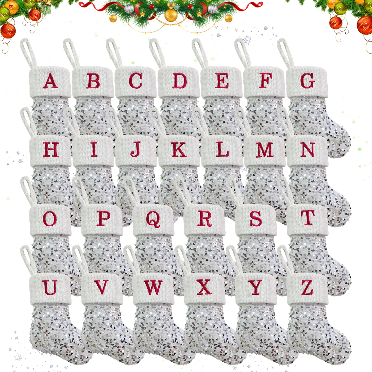 

Merry Christmas Silver Sequin Socks Red Alphabet Letters Christmas Stocking Christmas Tree Pendant Decor for Home Xmas Gift 2024