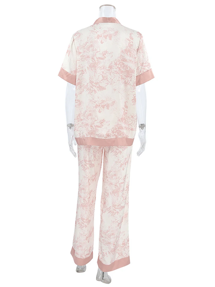 Marthaqiqi Printing Women'S Nightgowns Suit Sexy V-Neck Sleepwear Short Sleeve Nightwear Pants Casual Ladies Pajamas 2 Piece Set