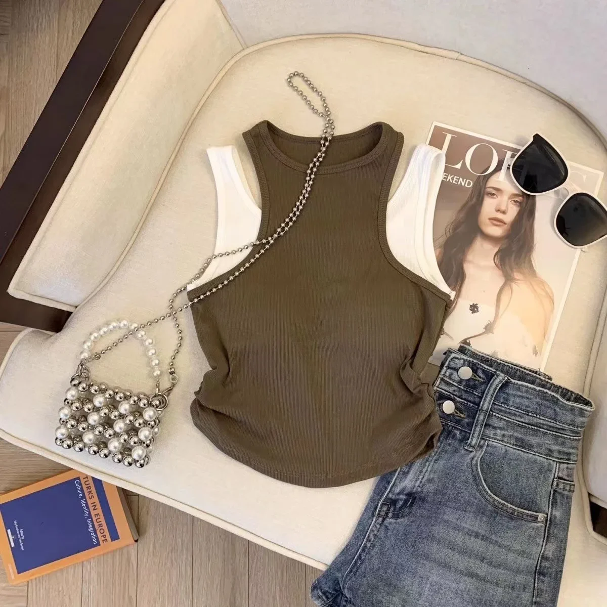 summer tank top baby girls vintage contrast colors fake two-piece vest sleeveless kids clothes toddler punk dance 2 to 14 years